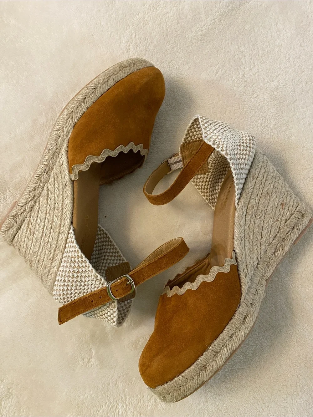 Paseart Camel Suede Wedge Heel Ankle Strap Euro Summer Espadrilles 7